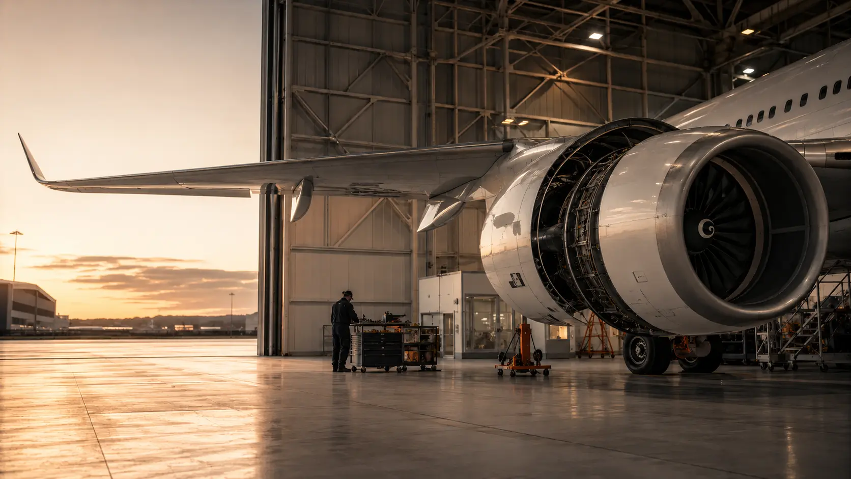 Modern aircraft engine inside a bright maintenance hangar